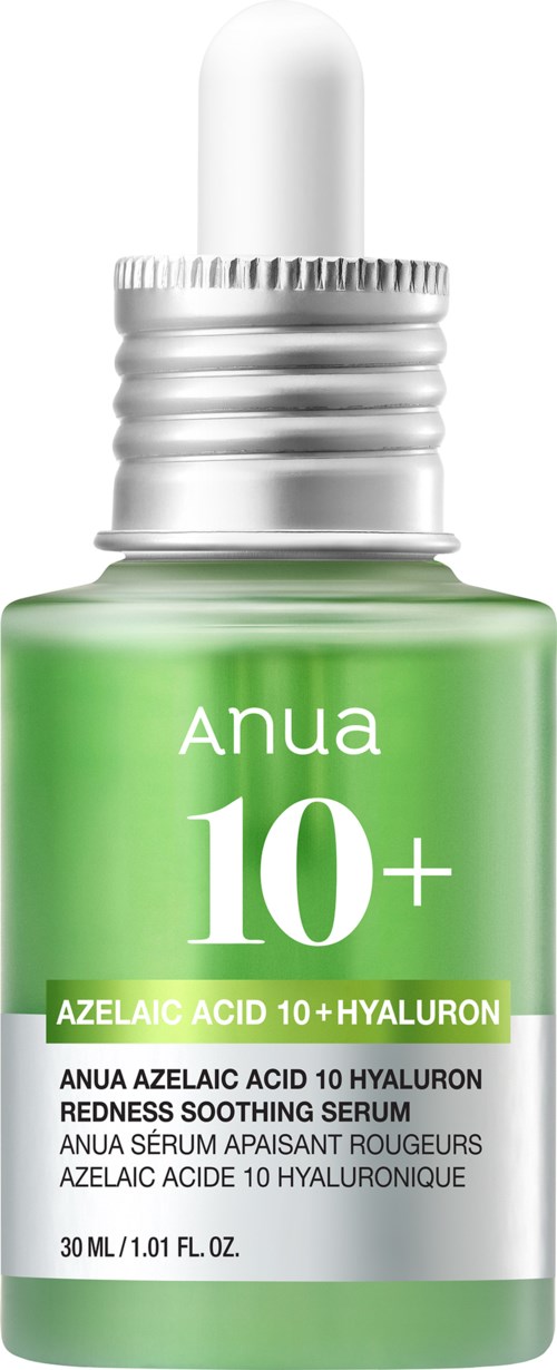 En grön serumflaska med vit droppe och silvrigt lock, märkt med varumärket Anua och nämner 10+ hyaluronsyra.