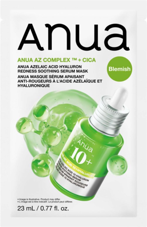 Produktemballasje for Anua Blemish-serum med grønt glass og pipette, listede ingredienser, og tekst om hudpleie.