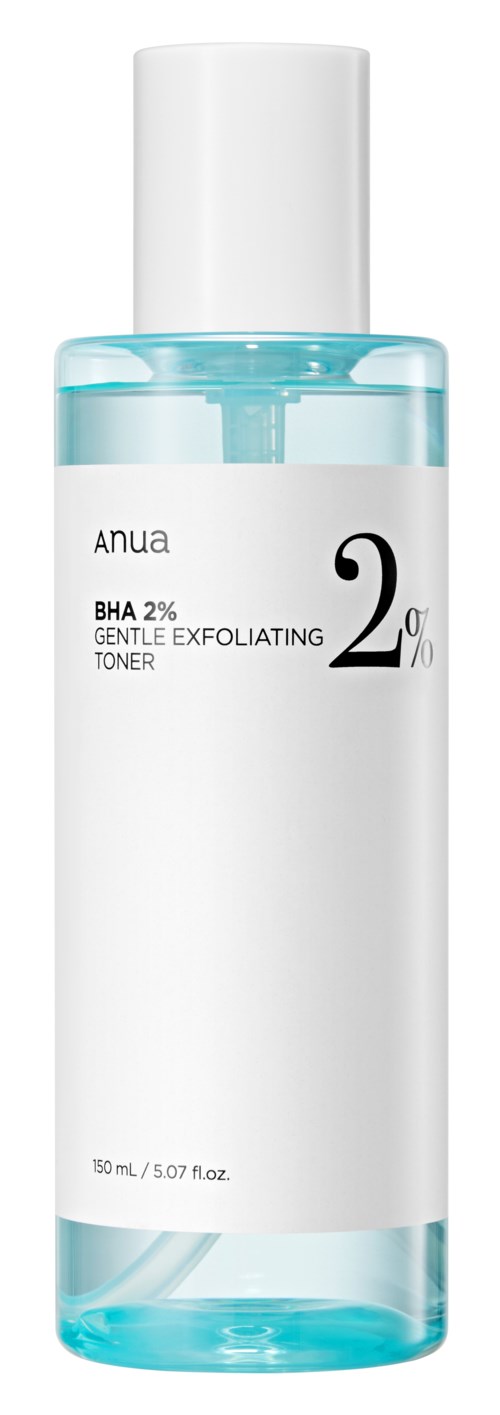 En gennemsigtig flaske med hvid hætte, indeholdende en lyseblå væske, mærket som Anua BHA 2% mild eksfolierende toner.