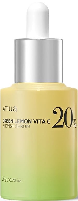 Lichte geel-groene serumfles met pipet, gemarkeerd 'Anua Green Lemon Vita C 20% Blemish Serum.'