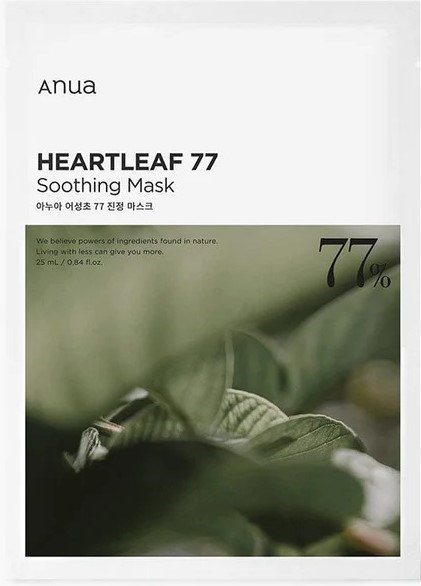 Eine Gesichtsmaske von Anua, genannt HEARTLEAF 77, mit beruhigender Wirkung und natürlichen Inhaltsstoffen.