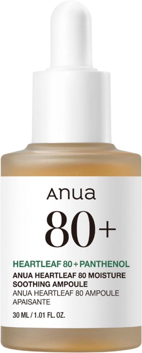 En hudvårdsflaska med vit pipettlock, märkt Anua Heartleaf 80+ Moisture Soothing Ampoule.