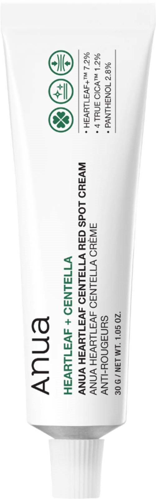 Valkoinen Anua Heartleaf Centella Red Blemish Spot Cream -tuubi, jossa vihreä ja musta teksti, seisoo pystyssä.