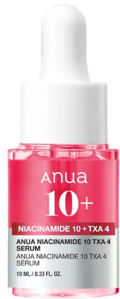 Roze serumfles met witte dop met Anua 10+ Niacinamide en TXA 4 labels.