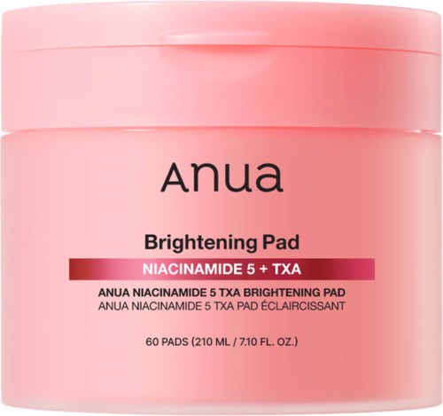 Rosa Verpackung von Anua Brightening Pad mit Niacinamide 5 und TXA, enthält 60 Pads für die Hautaufhellung.