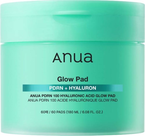 En grön behållare med Anua Glow Pad med 60 pads för hudfuktning. Etiketten visar ingredienserna PDRN och hyaluronsyra.