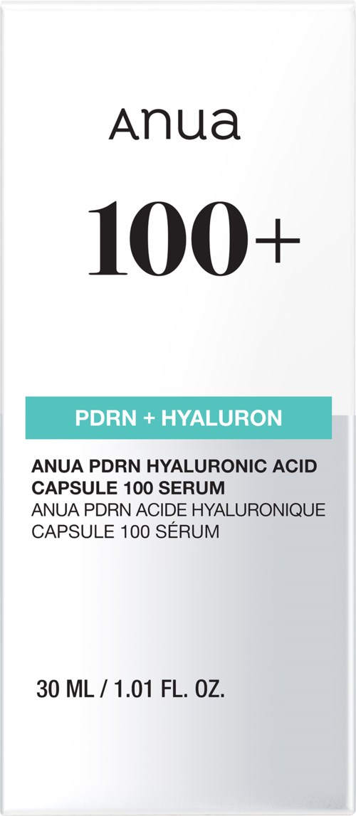 This is a box label for a skincare product with hyaluronic acid capsules, named Anua 100 plus, 30 ml size.