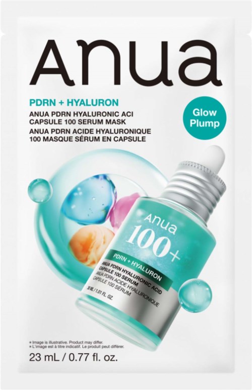 Verpakking van Anua Hyaluron capsuleserum voor het gezicht met blauwe en oranje designaccenten, toont de productnaam en belangrijke ingrediënten.