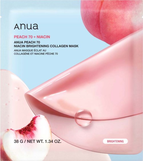 Opakowanie maski nawilżająco-rozświetlającej z kolagenem Anua Peach 70 + Niacin z brzoskwinią i różowymi odcieniami.