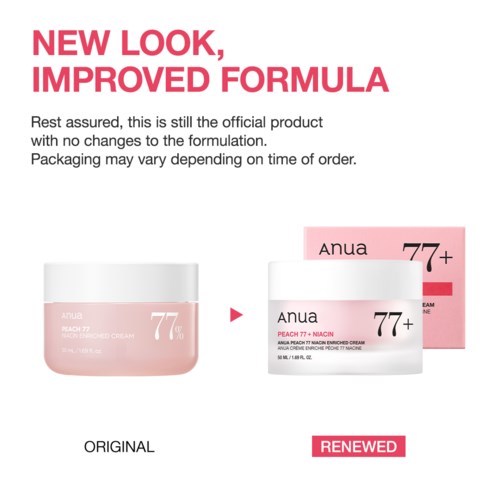 En hånd tager creme ud af en pink krukke mærket 'Anua 77+' på en neutral baggrund.