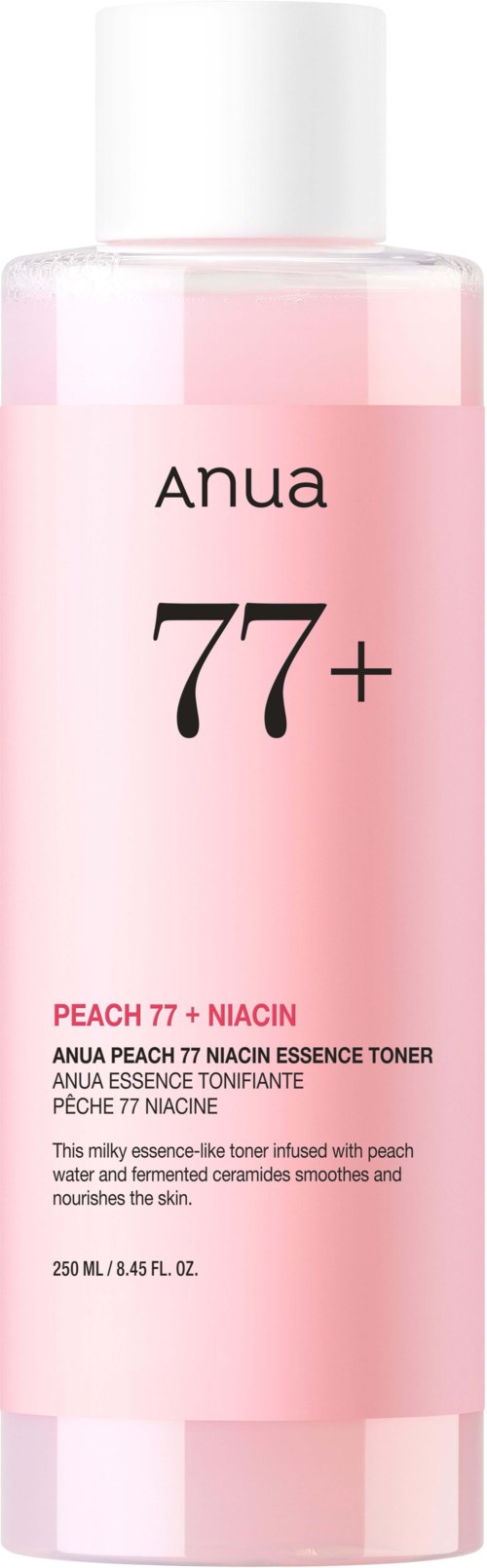 Pink flaska med Anua 77+ Peach och Niacin essence toner med vit lock.