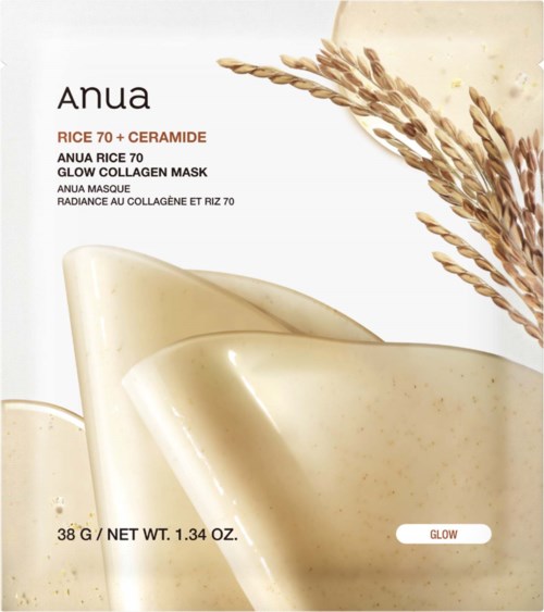 Opakowanie maski kolagenowej Anua Rice 70 i Ceramide Glow z ilustracją zboża i szczegółami produktu.