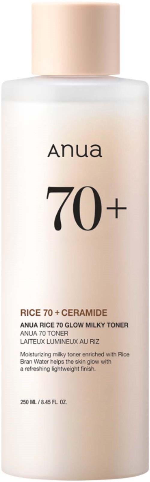 En lång, vit flaska av Anua Rice 70+ Ceramide moisturizer med beige lock och produktinformation på etiketten.
