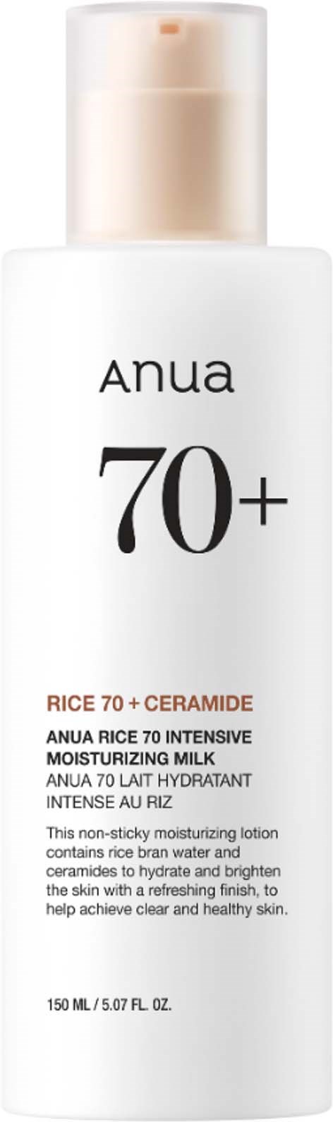 Anua 70+ feuchtigkeitsspendende Milchflasche mit Reis, Ceramiden und aufhellenden Inhaltsstoffen für reife Haut, 150 ml.