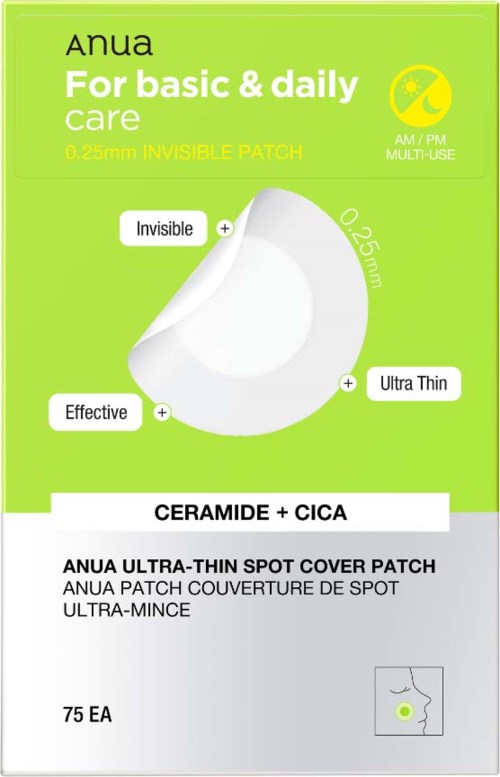 Pakkaus Anua Ultra-Thin Spot Cover Patches, vihreä laatikko, sisältää 75 laastaria, kuvio ja tiedot.