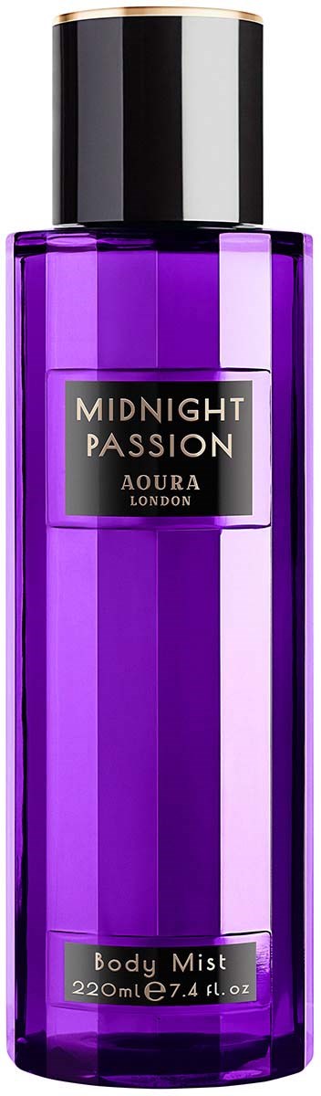 A purple body mist bottle with a black cap, labeled 'Midnight Passion' and 'Aoura London'.