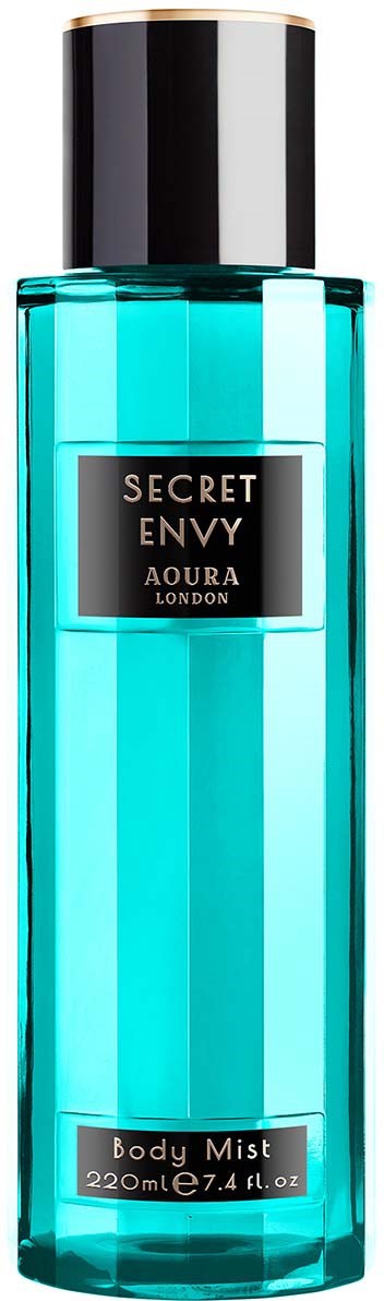 A tall, clear blue bottle with a black cap, labeled 'Secret Envy' and 'Body Mist'.