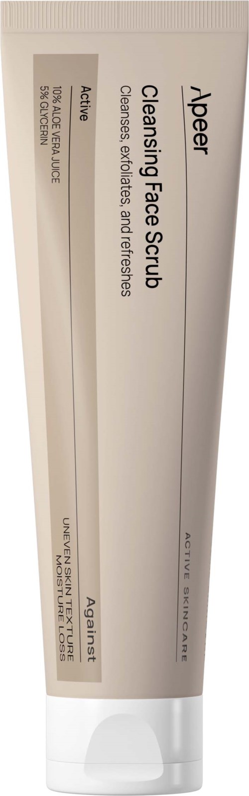 A tube of exfoliating face scrub with a white and beige design, labeled 'Apeir' and 'Clearing Face Scrub.'