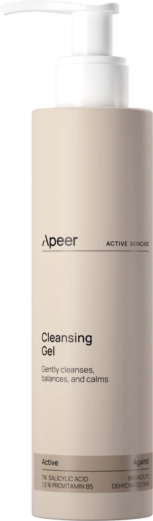 Pitkä, valkoinen pullo, jossa pumppu, nimeltä 'Cleansing Gel' Apeeriltä. Se tasapainottaa ja rauhoittaa ihoa.