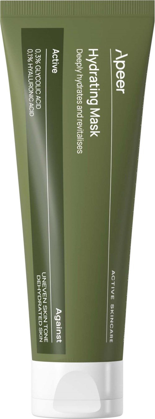 Grønn tube med Aloe Vera Hydrating Mask med aktive ingredienser mot dehydrering og tørrhet.