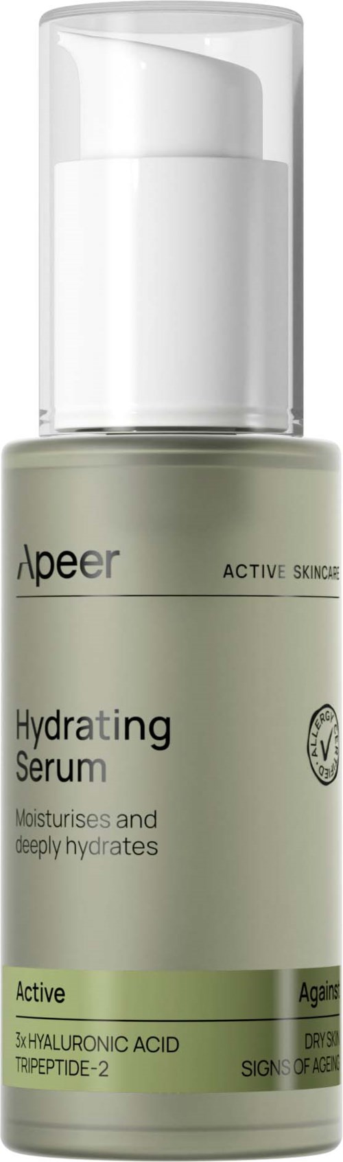 En lys grøn flaske med fugtgivende serum med pumpe, mærket for fugt og dyb hydrering, med aktive ingredienser.