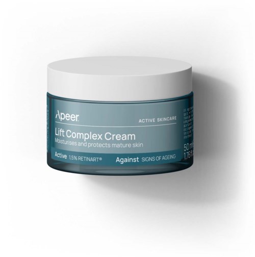 Sininen purkki, jossa lukee 'Apeer Lift Complex Cream' kasvojenhoitotuote. Se kosteuttaa ja suojaa ihoa.