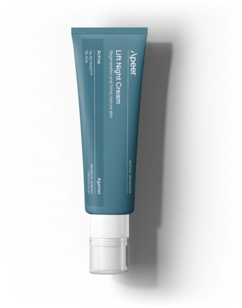 Putkipakkaus Auper Lift Night Cream, sininen ja valkoinen korkki, seisoo pystyssä. Tekstissä mainitaan kohotus ja käyttö yöllä.