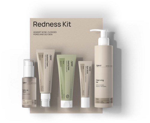 A skincare kit with tubes and a pump bottle for acne, clogged pores, and oily skin. Minimalist design, neutral colors.