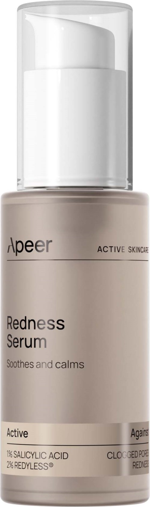 Ihonhoitopullo nimeltä 'Redness Serum', joka rauhoittaa ihoa, varustettu pumppu ja yksinkertainen suunnittelu.