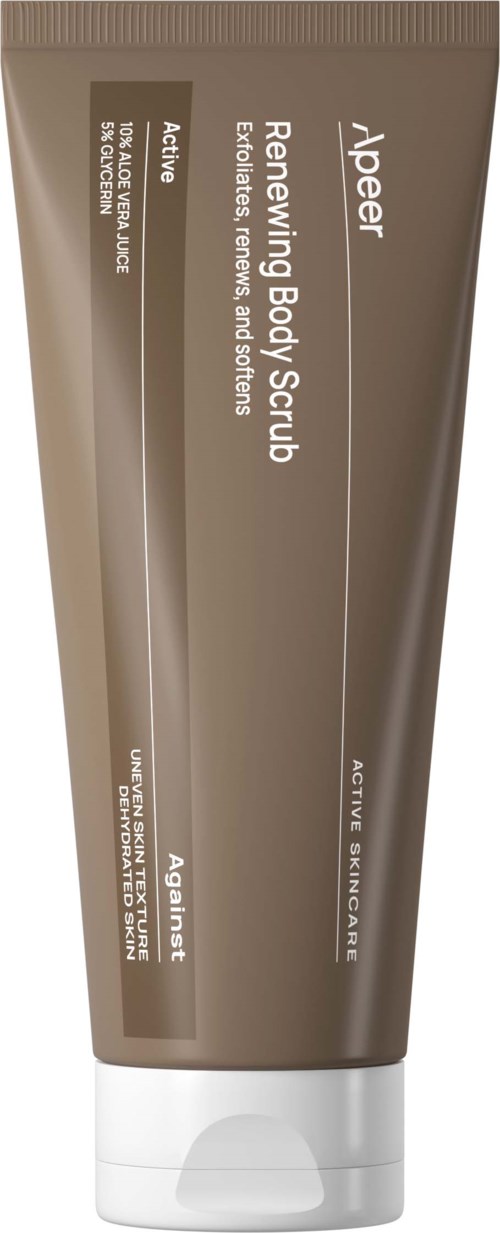 A tube of renewing body scrub with shea, fennel, and spices, labeled for active skin renewal and firming.
