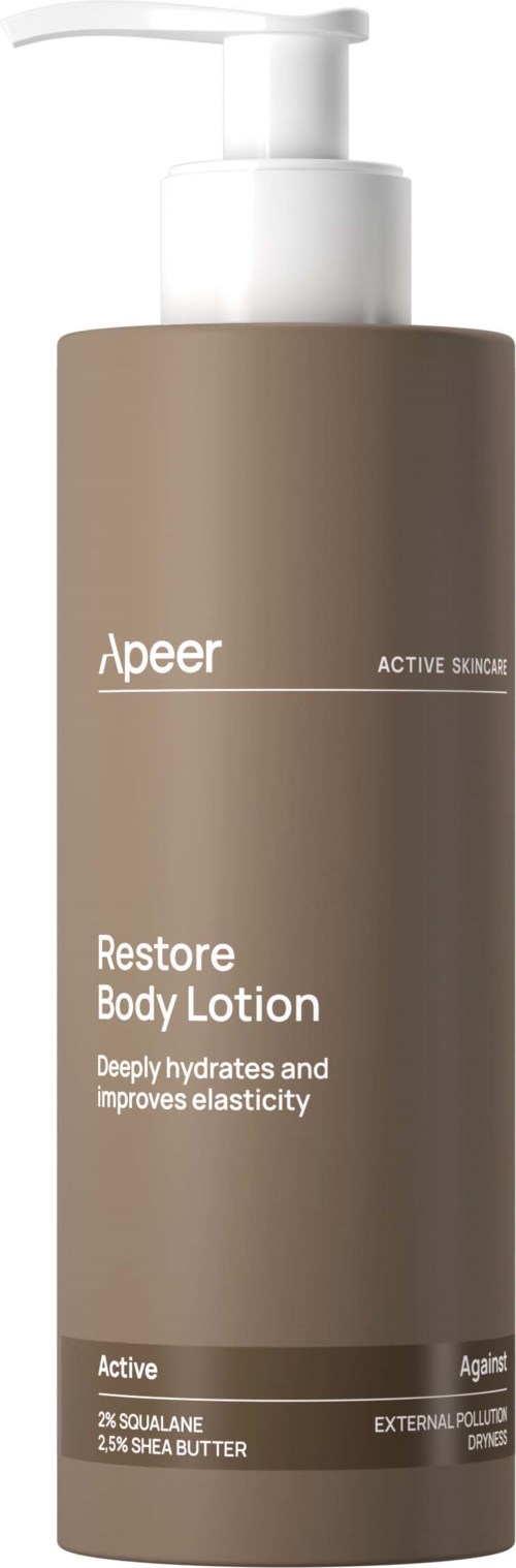 En flaske Restore Body Lotion med pump, merket for hydrering og elastisitet, inneholder sheasmør og squalane.