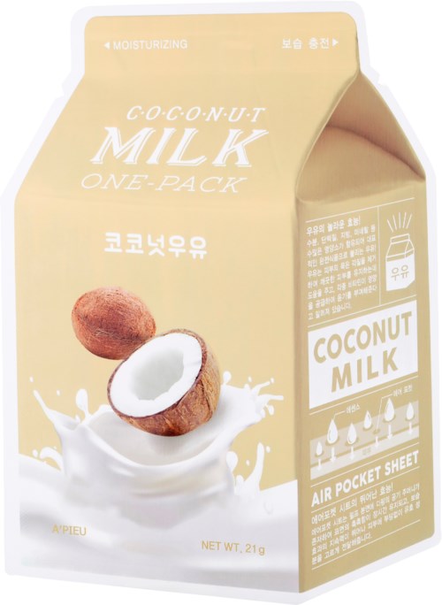 En beige kartong med kokosmjölk med bild av en kokosnöt, mjölkskummigt utseende och text på engelska och koreanska.