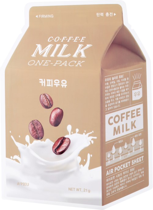 Kermainen laatikko, jossa kahvipapuja ja maidonpisara, nimeltä 'Coffee Milk One-Pack', 21g, koreaksi ja englanniksi.