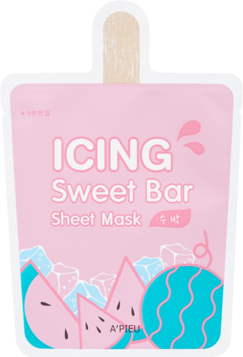 Vaaleanpunainen kasvonaamio-pakkaus vesimelonin ja jään kuvalla, nimeltä 'ICING Sweet Bar Sheet Mask'.