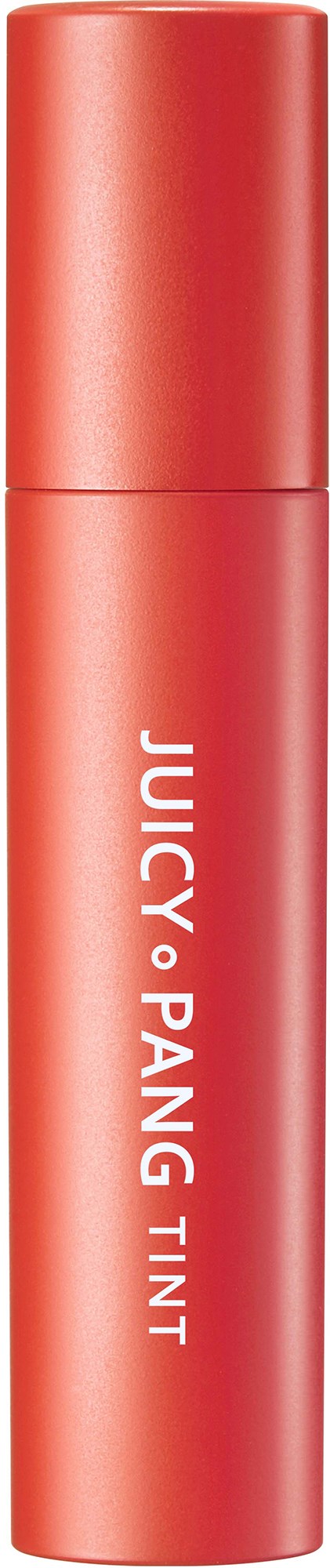Ett korallfärgat läppstift med texten 'JUICY PANG TINT' skriven på, står vertikalt.