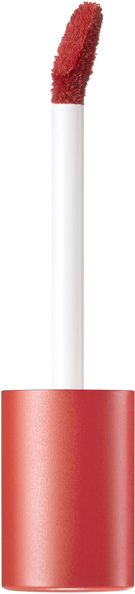 En läppglans- eller flytande läppstiftsapplikator med en röd, lurvig spets och ett vitt handtag.