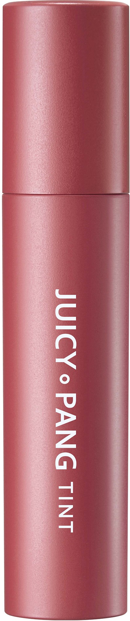 Vaaleanpunainen huulilakka- tappi, jossa valkoinen teksti "JUICY PANG TINT" mustaa taustaa vasten.