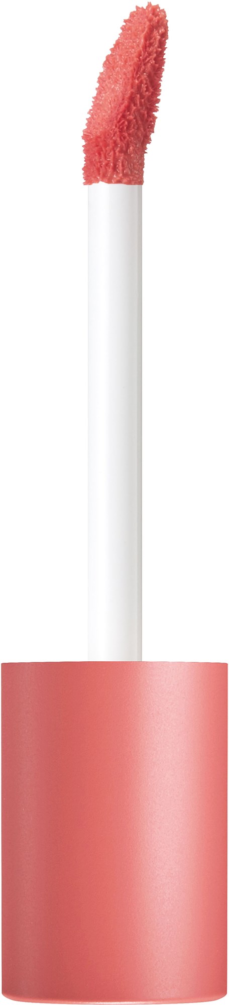 En läppglansapplikator med rosa gloss på svampen och ett vitt handtag.