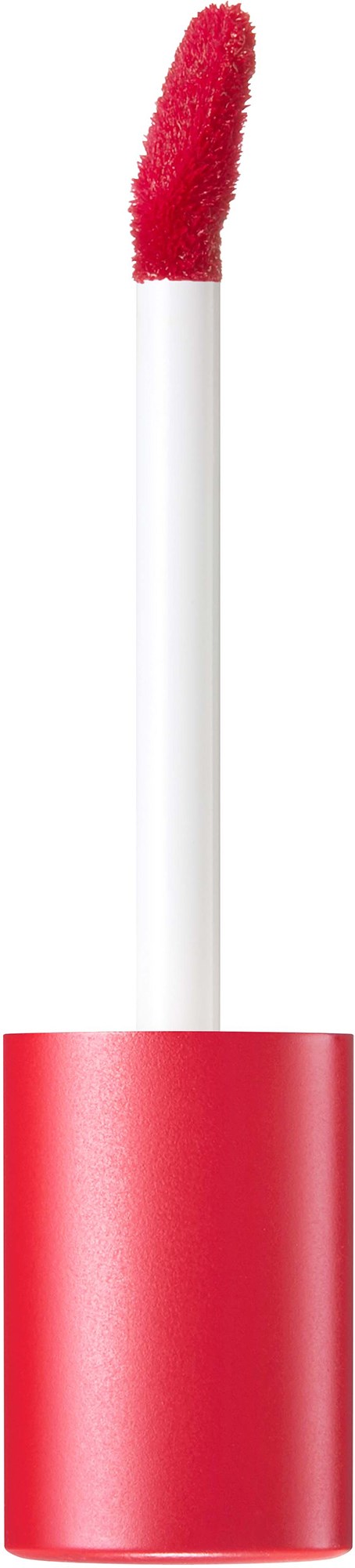Ein Lippenstift mit rotem Applikator, weißem Behälter und rotem Deckel. Der Applikator ist mit rotem Lippenstift bedeckt.