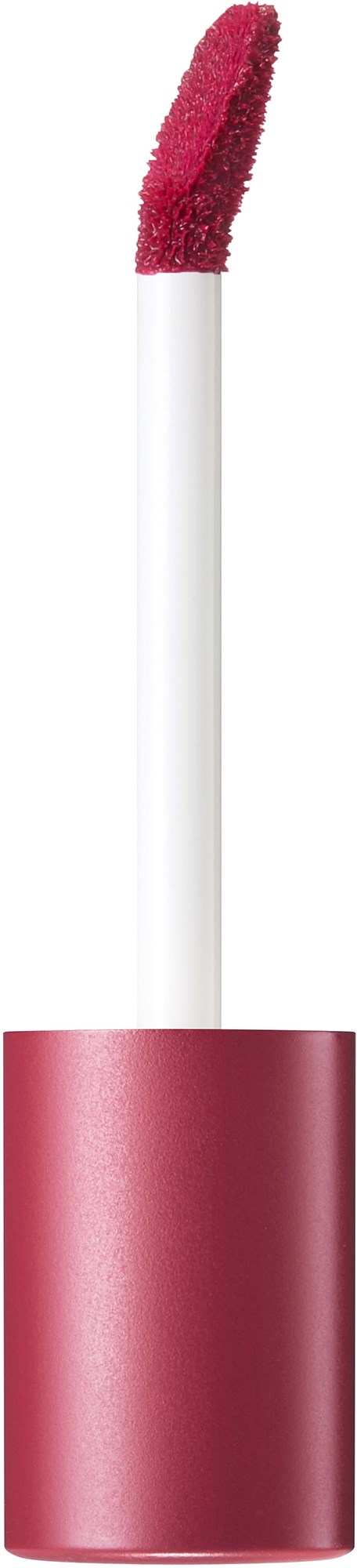 Läppglansapplikator med rött gloss på en vit pinne och rosa behållare.