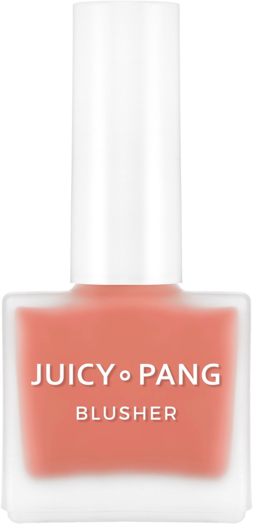 A small bottle of peach-colored blush with a white cap and clear label, saying Juicy Pang Blusher.