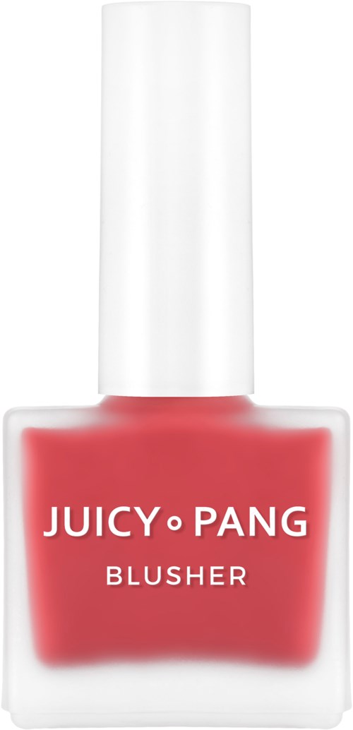 A bottle of Juicy Pang Blusher in red color with white cap. Text on bottle: Juicy Pang Blusher.