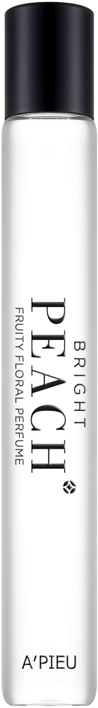 En smal vit flaska med svart lock märkt 'PEACH', 'BRIGHT' och 'FRUIT FLORAL PERFUME' från A'PIEU.