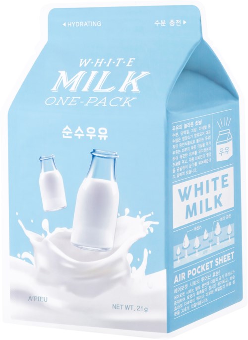 Blå mjölkkartong med ett glas mjölk och stänk, märkt 'White Milk' och 'Air Pocket Sheet.'
