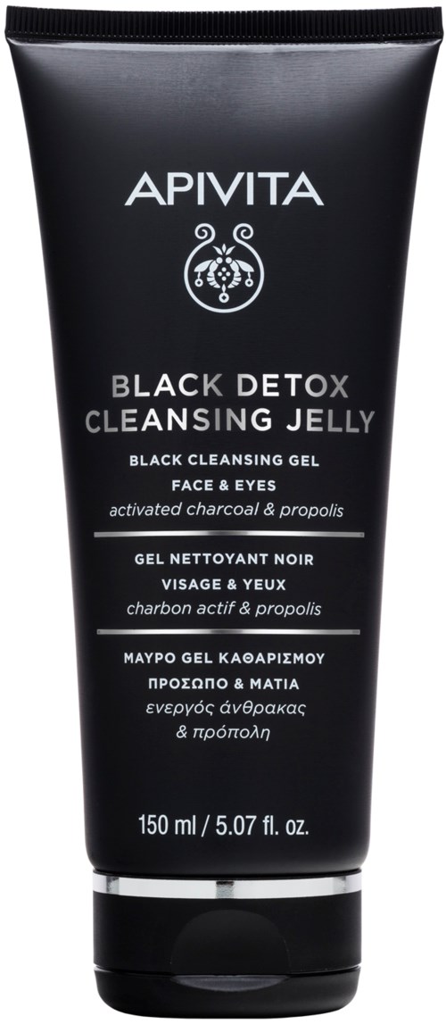 A black tube of APIVITA Black Detox Cleansing Jelly for face and eyes, containing activated charcoal and propolis.
