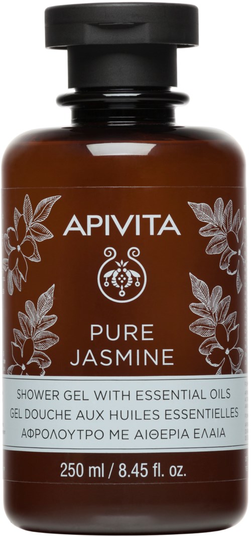 Ruskea pullo mustalla korkilla, etiketti kertoo Apivita Pure Jasmine suihkugeeli eteerisillä öljyillä.