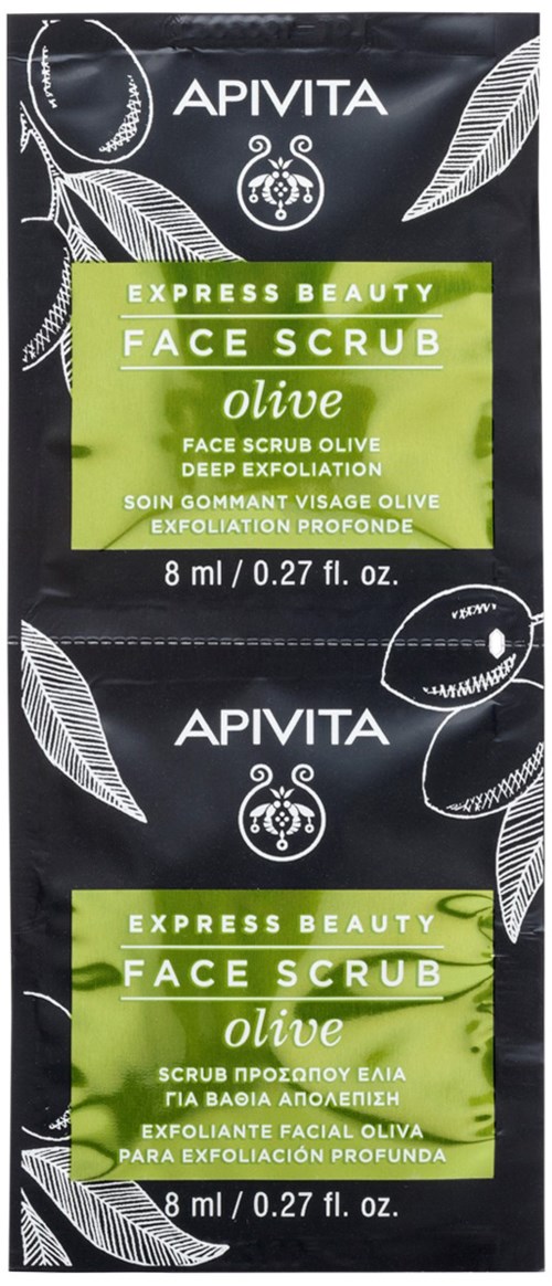 En svart pakke som viser 'APIVITA'-merket for ansiktsskrubb med oliven, med hvite blad- og olivillustrasjoner.