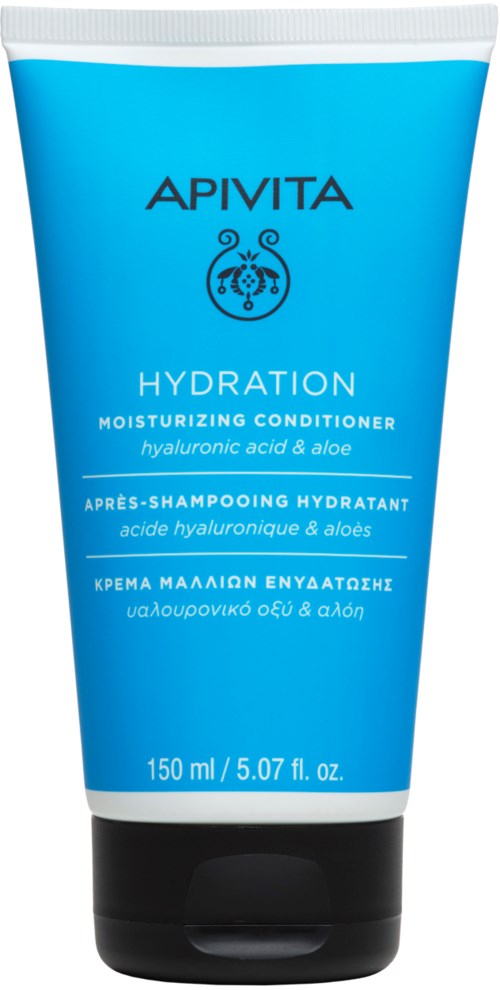 En blå tube med APIVITA Hydraton fuktighetsgivende balsam med produktdetaljer i blått og hvitt.