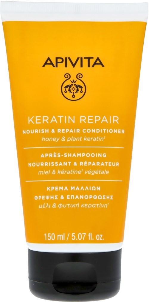 Yellow container with black cap, label says APIVITA Keratin Repair conditioner, honey and plant keratin, 150ml.