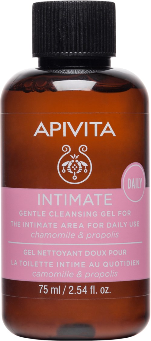 En brun flaska med svart lock, märkt 'APIVITA' och 'INTIMATE,' innehållande mild rengöringsgel för dagligt bruk.
